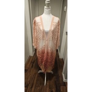 Umgee Kimono Lace Overlay Sz L Pink Boho Sheer Cover Up Resort Wear Open Front